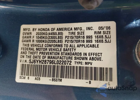 2006 Honda Element Ex-P from USA, damaged, VIN 5J6YH28766L004354
